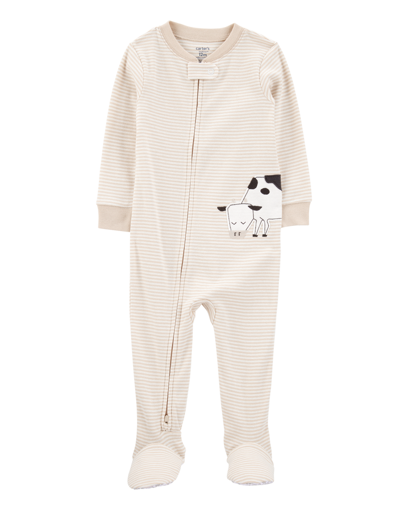 Baby Boy Cow Striped Snug Fit Cotton Footie 1-Piece Pyjamas - Tan
